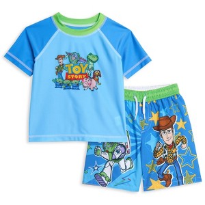 Disney Pixar Toy Story Alien Rex Slinky Dog Woody Baby Pullover Rash Guard and Swim Trunks Outfit Set Infant to Little Kid - 1 of 4