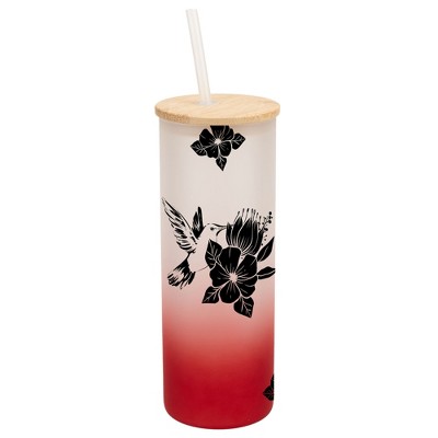 Elanze Designs Hummingbird Summer Flower Garden Wrap-Around Design 25 Ounce Frosted Gradient Glass On-The-Go Coffee Travel Skinny Tumbler Mug Cup,