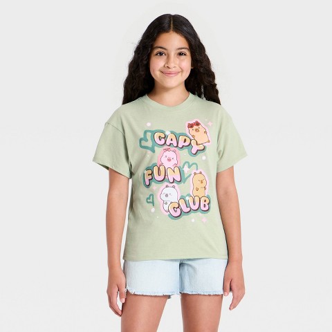 CapyFun Girls' CapyFun Club Short Sleeve Front and Back Graphic T-Shirt - Green M
