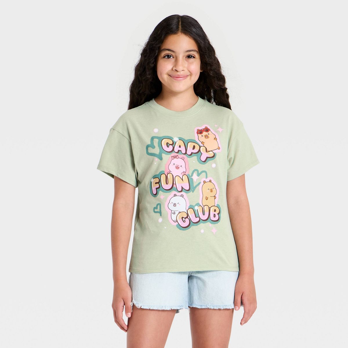 Girls' CapyFun Club Short Sleeve Front and Back Graphic T-Shirt - Green