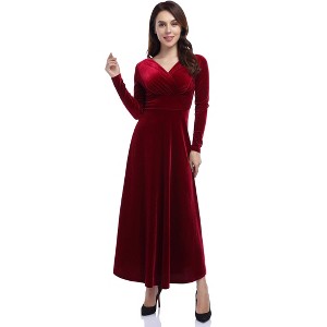 Women's V-Neck  Velvet Dress Long Sleeve Elegant Party Dress - Ruched Waist Midi Dress for Weddings, Holiday Parties - 1 of 4
