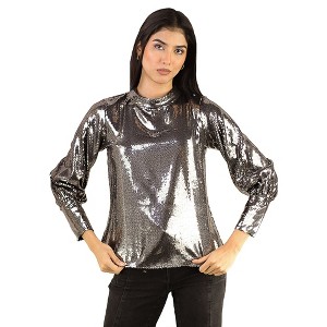 Artyska Women’s Metallic Shiny Sequin Long Sleeve Mock Neck Party Top - 1 of 4