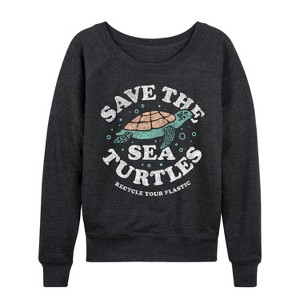 Women's - Instant Message - Save the Sea Turtles Lightweight French Terry Wide Neck Long Sleeve Graphic Shirt - 1 of 4
