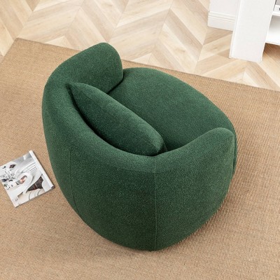 Green Boucle Upholstered Swivel Barrel Accent Chair with Wood Frame