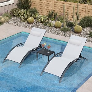 PURPLE LEAF Patio Chaise Lounge Set of 3 Outdoor Lounge Chair Beach Pool Sunbathing Lawn Lounger Recliner Chiar, Side Table Included - 1 of 4