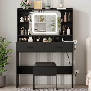 Vanity Desk, Makeup Desk and Stool with Lights, 2 Drawers & Storage Shelves, Sliding Mirror, Girls Vanity Table for Bedroom - 1 of 4