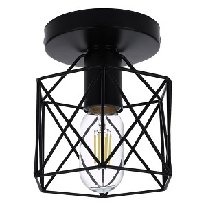 DORESshop 6 in. 1-Light Black Industrial Semi-Flush Mount Ceiling Light with Metal Cage Shade for Porch Hallway - 1 of 4