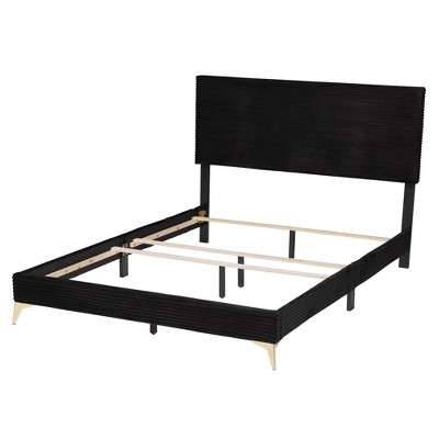 Glamorous Abberton Black Velvet Queen Size Panel Bed with Gold Metal Legs