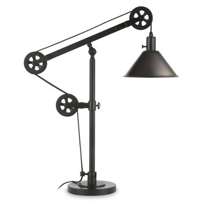 Hudson and Canal 29" Tall Pulley System Table Lamp: Adjustable Height, Bronze Finish, Cone Shade