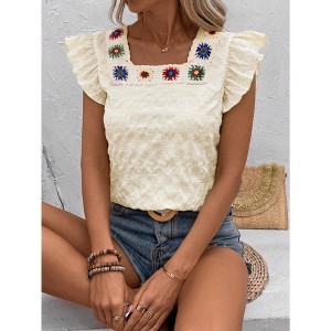YESFASHION Blouse Floral Crochet Trim Square Neck Ruffle Flutter