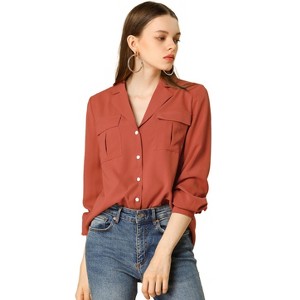 Allegra K Women's Solid Chest Pocket Button Down Notch Lapel Collar Shirt - 1 of 4