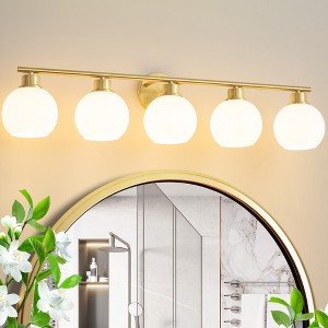 POWLIG 38.98" 5-Light Dimmable Bathroom Vanity Light - Gold Finish with Milky White Glass Shades, Transitional Modern Design - 1 of 4