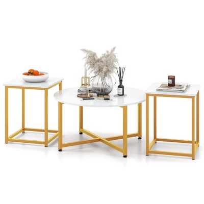 Tangkula Round Nesting Table Set of 3 Modern / Farmhouse Coffee Table w/2 End Tables