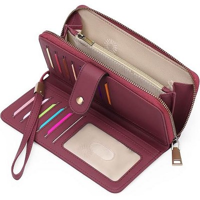 Ladies' Large Capacity Credit Card Wallet with RFID Theft Protection Double-Zip Pocket Genuine Leather Bifold Wallet Wristlet Clutch Bag