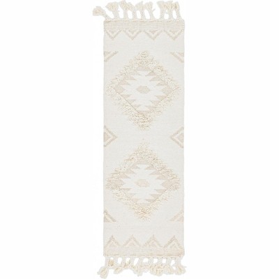 Handmade Ivory Wool Geometric Runner with Fringe