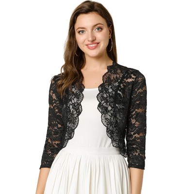 Allegra K Women's Elegant 3/4 Sleeve Sheer Floral Lace Shrug Black X ...