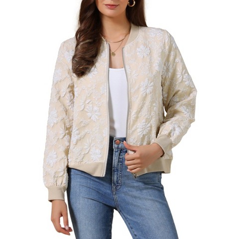 INSPIRE CHIC Women's Collarless Long Sleeve Floral Zip Up Ribbed Cuff Cropped Bomber Jackets Medium Khaki