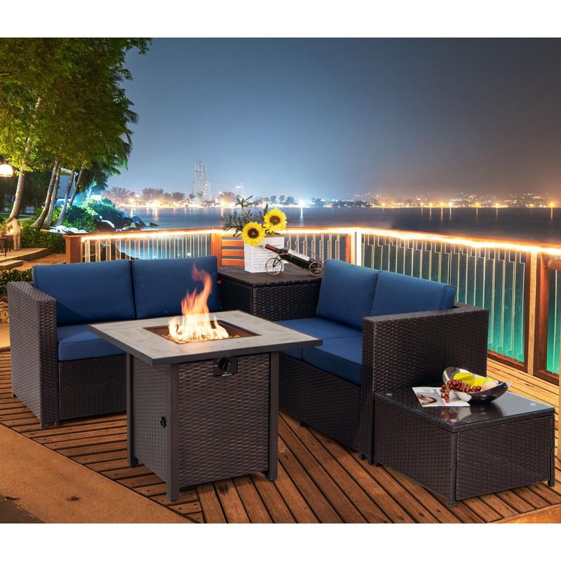 Tangkula 5-Piece Patio Furniture Set with 30 Inches Gas Fire Pit Table Outdoor PE Wicker Conversation Sectional Sofa Set with Cushions Red/Beige/Navy/Turquoise, 3 of 11