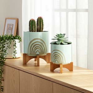 Set of 2 Ceramic Planters with Bamboo Stands - Modern Geometric Design, Ceramic Indoor/Outdoor Flower Pots for Home & Garden - 10.5" & 7" Green - 1 of 4