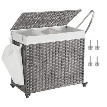 SONGMICS 160L Laundry Hamper with Lid Rolling Laundry Basket with Wheels 3-Section Synthetic Rattan Laundry Hamper Gray