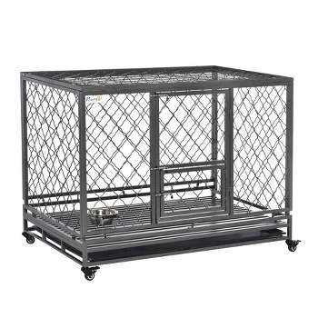 PawHut 50" Heavy Duty Dog Crate Metal Kennel and Cage Dog Playpen with Lockable Wheels, Slide-out Tray, Food Bowl and Double Doors
