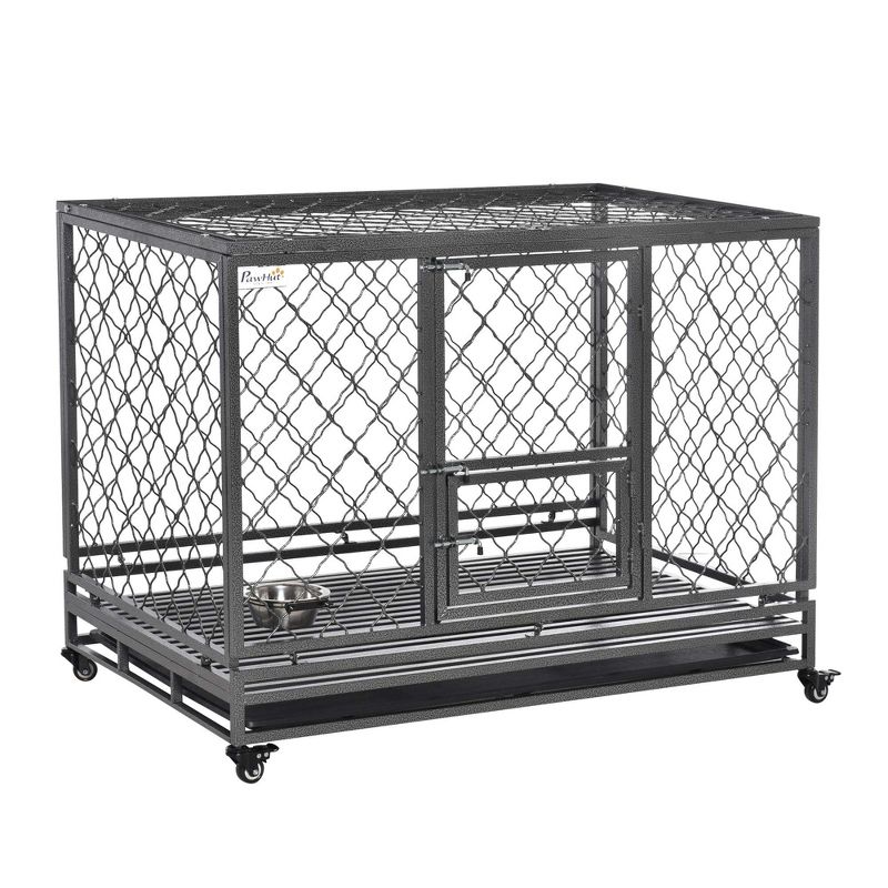 PawHut 50" Heavy Duty Dog Crate Metal Kennel and Cage Dog Playpen with Lockable Wheels, Slide-out Tray, Food Bowl and Double Doors, 1 of 8