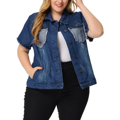 Agnes Orinda Women's Plus Size Spring Trend Denim Short Sleeve Distressed Jacket with Pockets
