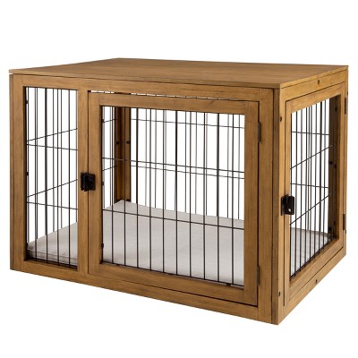 Medium Natural Acacia Wood and Metal Dog Crate Table