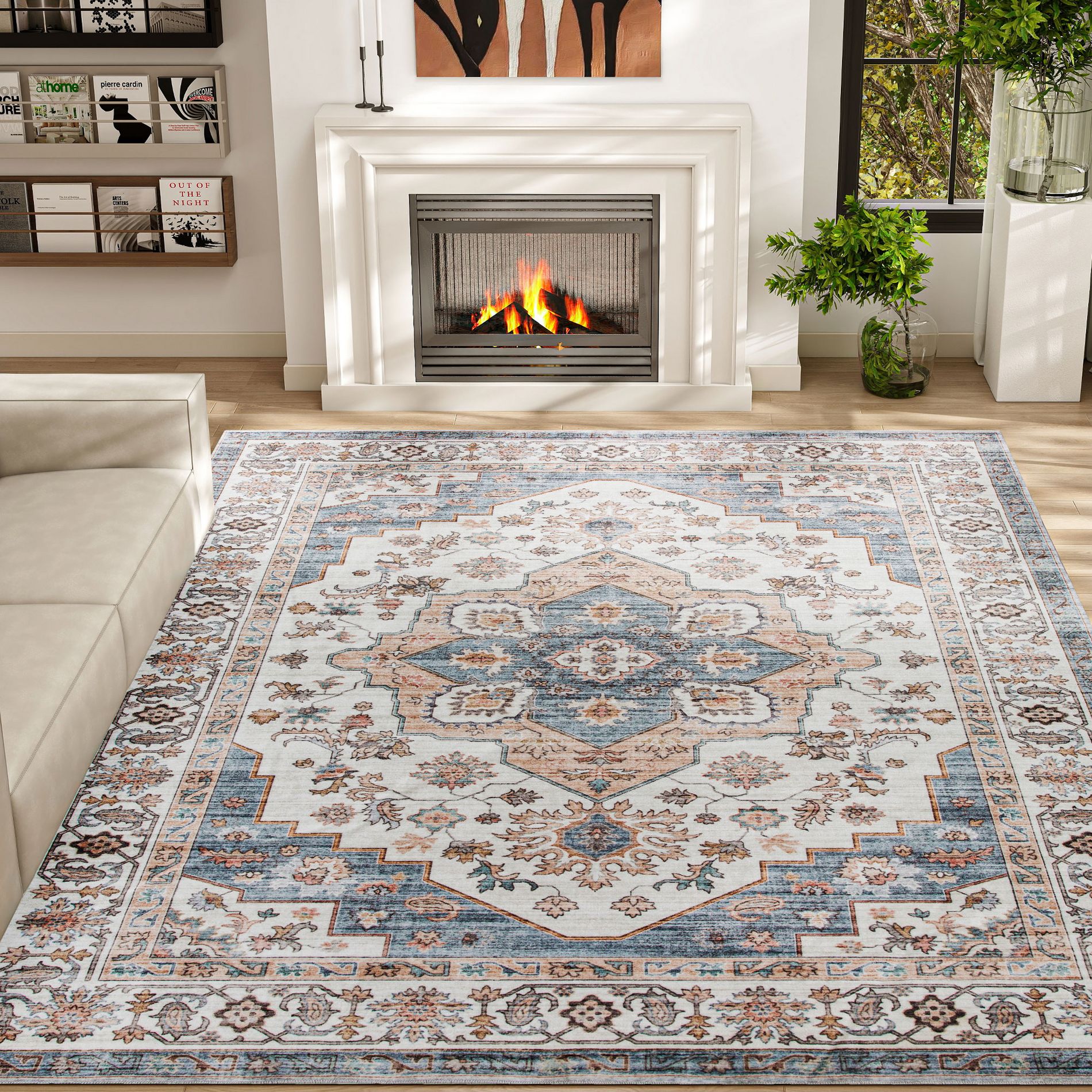 HOMCOM 8x10 Area Rug, Vintage Machine Washable Rug, Non-Slip Low Pile Carpet for Living Room, Bedroom, Dining Room, Home Office, Brown and Light Blue