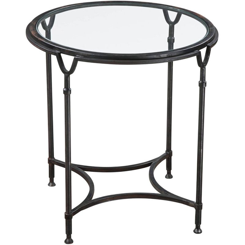 Uttermost Modern Steel Round Accent Side End Table 24 1/2" Wide Aged Black Clear Glass Tabletop for Living Room Bedroom Entryway, 1 of 2