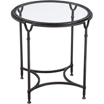 Uttermost Modern Steel Round Accent Side End Table 24 1/2" Wide Aged Black Clear Glass Tabletop for Living Room Bedroom Entryway