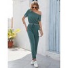 Womens Jumpsuit Casual One Piece Short Sleeve Off Shoulder Elastic Waist Romper with Pockets - 3 of 4