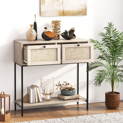 Natural Wood and Rattan Console Table with Metal Frame
