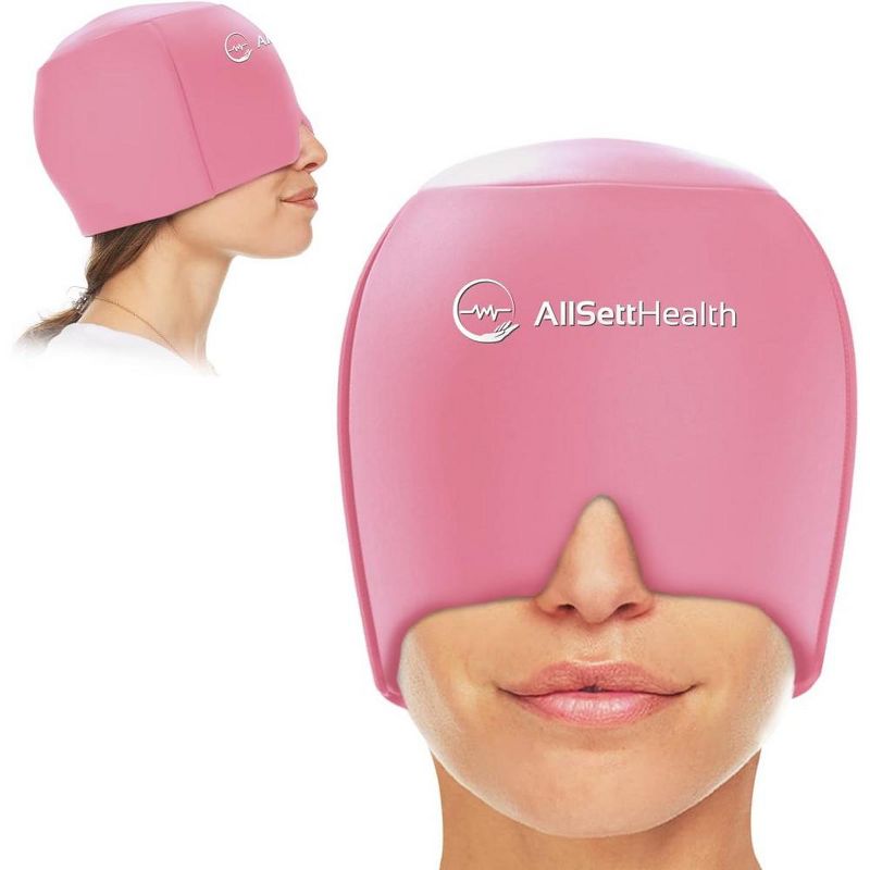 Allsett Health Migraine Relief Cap, One Size Fits All | Hot/Cold Gel Compress, Built in Face and Eye Mask, Hangover, Sinus, and Stress  Relief- Pink, 1 of 7