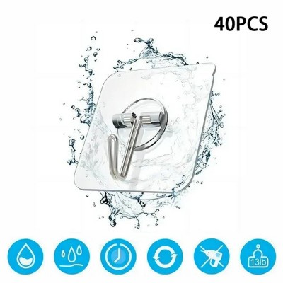 LunaLulinlk Adhesive Wall Hooks，Heavy Duty Reusable Hooks, Clear 40-Pcs PVC Hooks