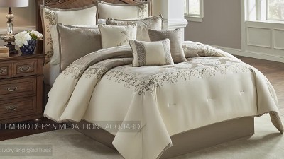 Hillcrest Ivory and Gold Queen Comforter Set with Embroidered Details