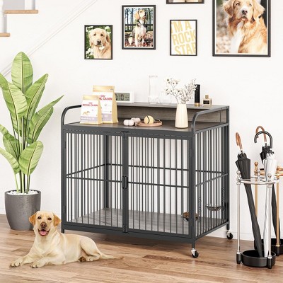 Whizmax Furniture Style Large Dog Crate with 360¡ã & Adjustable Raised Feeder for Dogs 2 Stainless Steel Bowls -End Table House Pad, Indoor Use