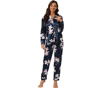 cheibear Women's Satin Floral Button Down Long Sleeve 2-Piece Lounge Set - 1 of 4