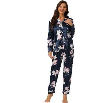 Cheibear Women's Satin Silky Floral Button Down Long Sleeve Sleepshirt With  Pants 2-piece Pajama Set : Target