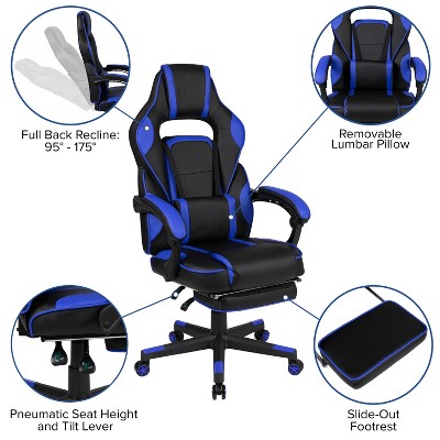 Black and Blue Ergonomic Reclining Gaming Chair with Footrest