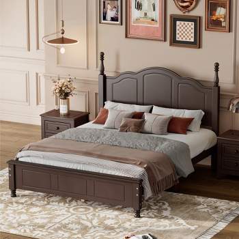 Queen/Full Size Wood Platform Bed Frame with Retro Style Headboard and Wooden Slat Support-ModernLuxe