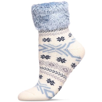 Memoi Women's Fair Isle Plush Lined Cabin Socks Ivory 9-11