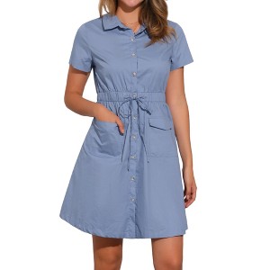 INSPIRE CHIC Women's Point Collar Front Elastic Waist Drawstring Mini Shirt Dress with Pocket - 1 of 4
