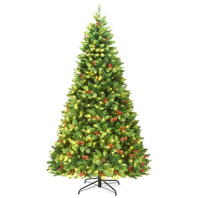 Costway 7.5Ft Pre-lit Hinged Christmas Tree w/ Pine Cones Red Berries and 550 LED Lights