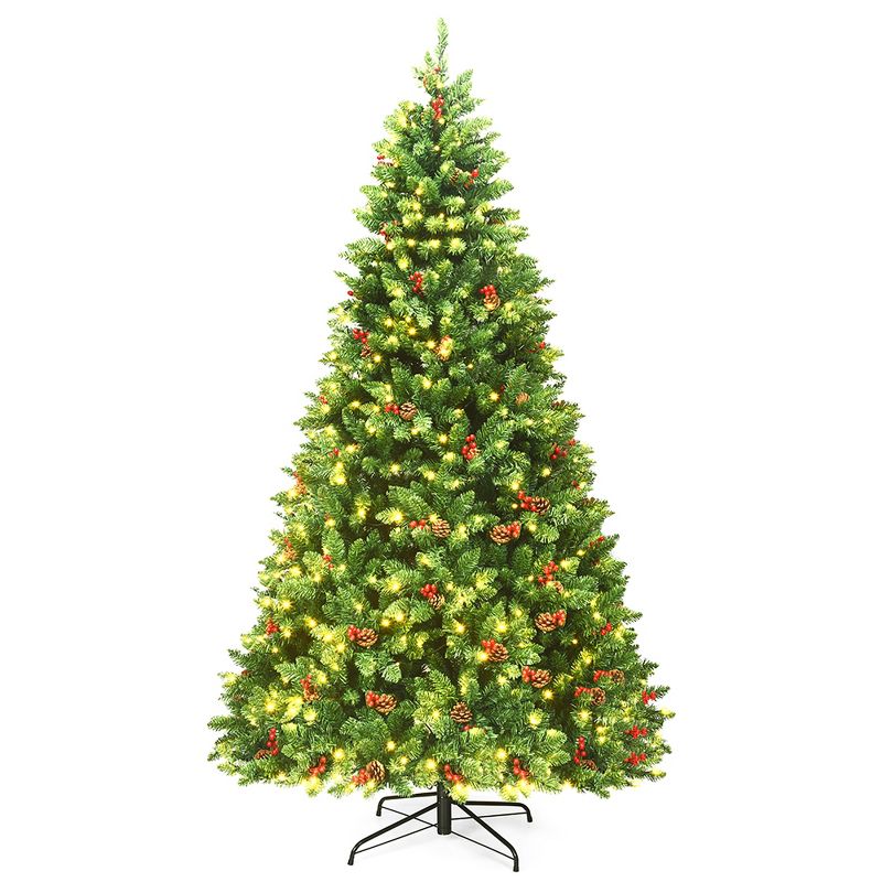 Costway 4.5Ft\6.5Ft\7.5Ft Pre-lit Hinged Christmas Tree w/ Pine Cones Red Berries and 300\450\450 LED Lights, 1 of 11