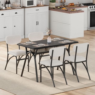 Homhougo 5 Piece Dining Set for Small Spaces, Rectangular Table with Built in Storage Shelf, 4 Luxury Velvet Chairs Black