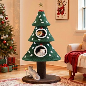 Christmas Cat Houses for Indoor Cats, Christmas Cat Tree Tower with 2 Cozy Houses, Kitty Furniture with Teaser Plaything - 1 of 4