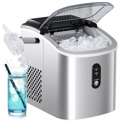 Simzlife 26.5lbs Stainless Steel Countertop Ice Maker Machine with Handle,  9 Cubes in 6 Mins, Portable Ice Maker with Basket and Scoop, Self-Cleaning