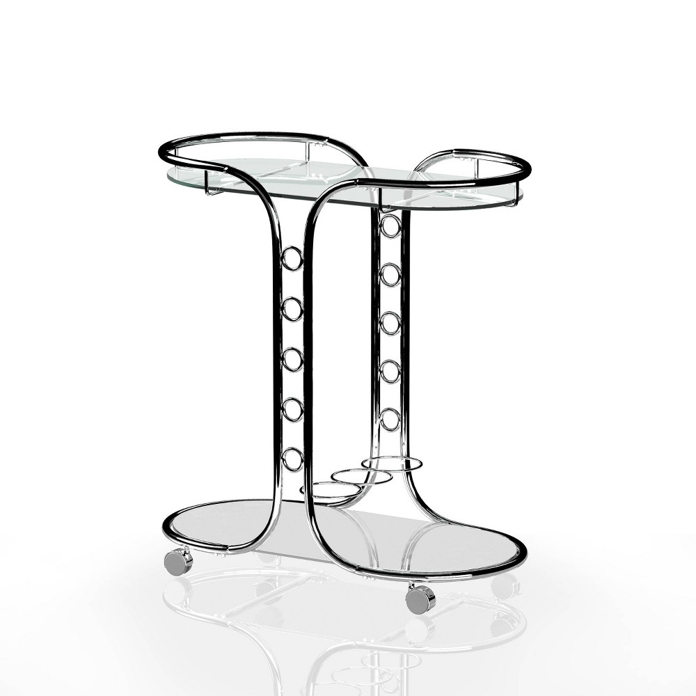 24/7 Shop At Home Kentrik Glass Top Serving Cart Chrome: Modern Tea Cart with Mirror Finish, Fixed Shelves
