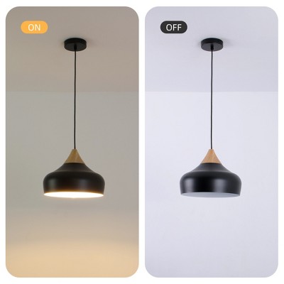 HBEZON 12.5'' Pendant Light, Height Adjustable Hanging Lamp with Rubber Wood Top and Metal Shade for Kitchen Island, Dining Room, Bedroom